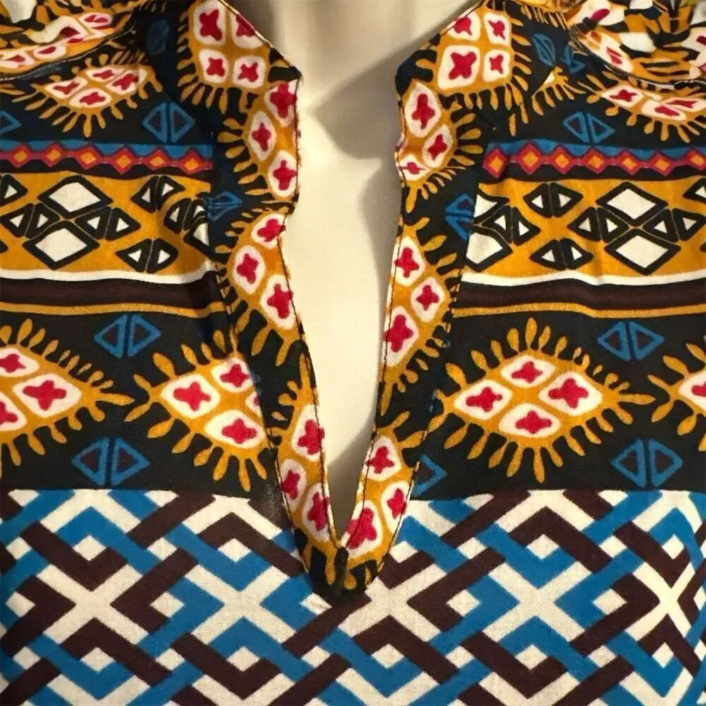 Tory Burch Geometric Wool Blend Multicolor V-Neck Pullover 3/4 Sleeve Blouse Top